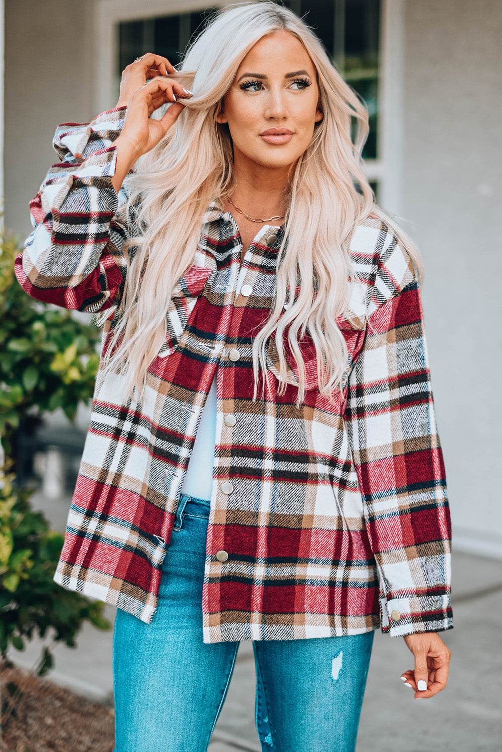 Plaid Button Front Shirt Jacket with Breast Pockets - Delanoir
