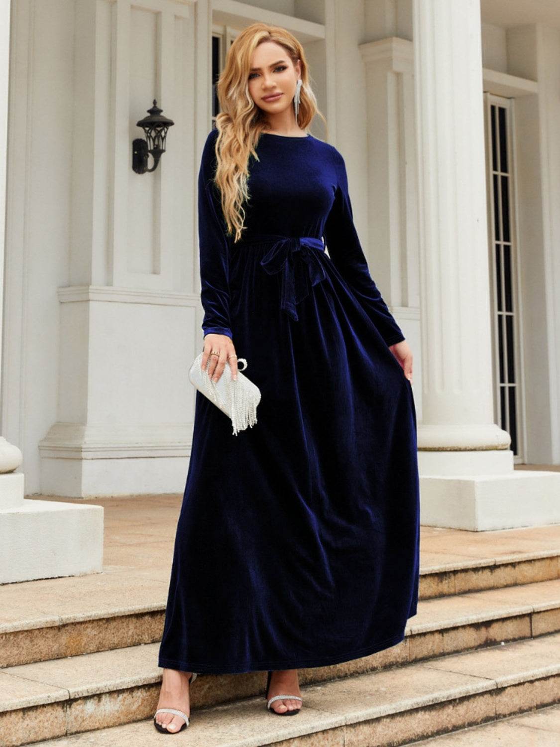 Tie Front Round Neck Long Sleeve Maxi Dress - Delanoir