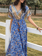 Slit Printed V-Neck Half Sleeve Maxi Dress - Delanoir