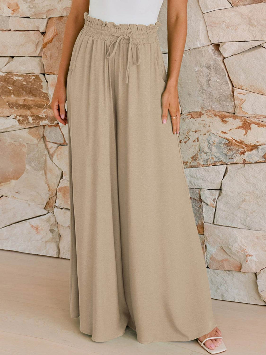 Drawstring Wide Leg Pants with Pockets - Delanoir