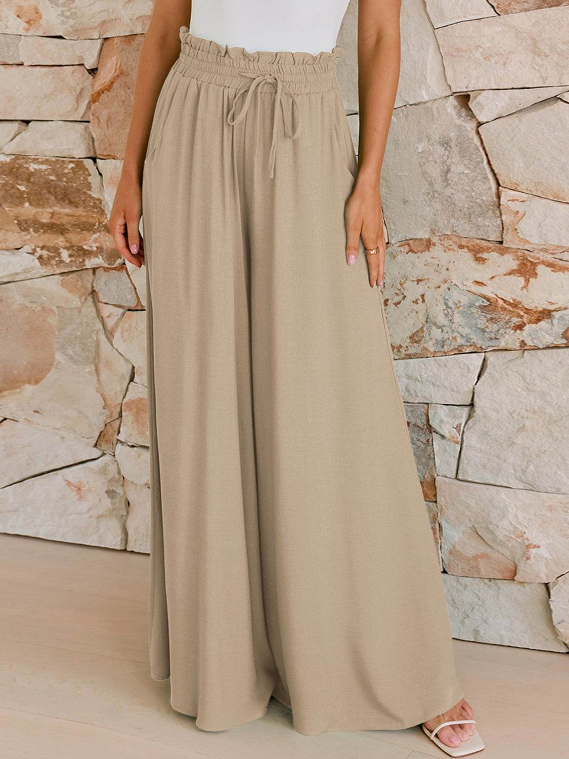 Drawstring Wide Leg Pants with Pockets - Delanoir