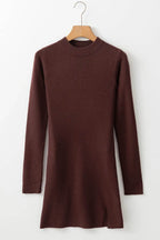 Slit Mock Neck Long Sleeve Wrap Sweater Dress - Delanoir