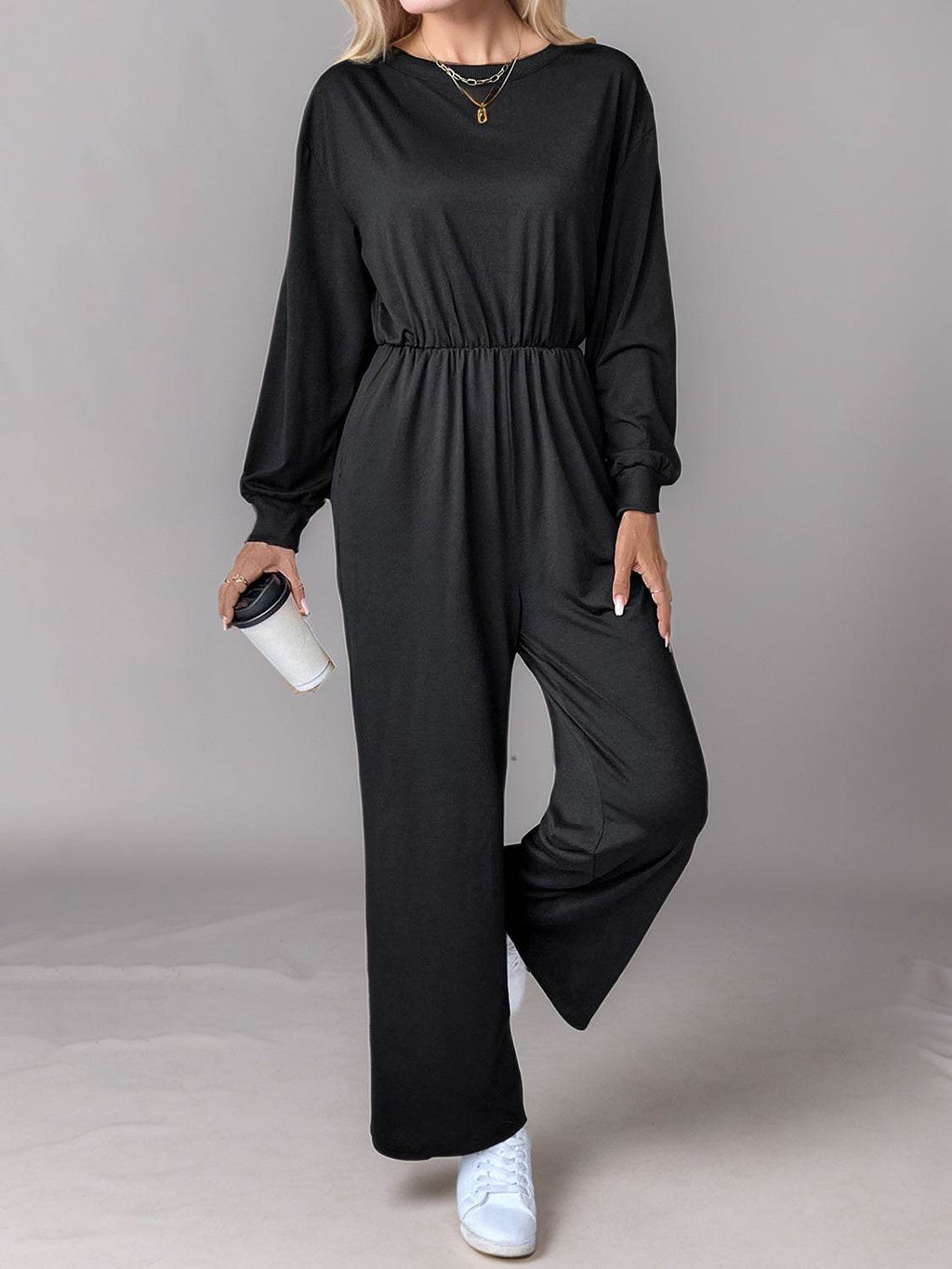 Tied Round Neck Wide Leg Jumpsuit - Delanoir