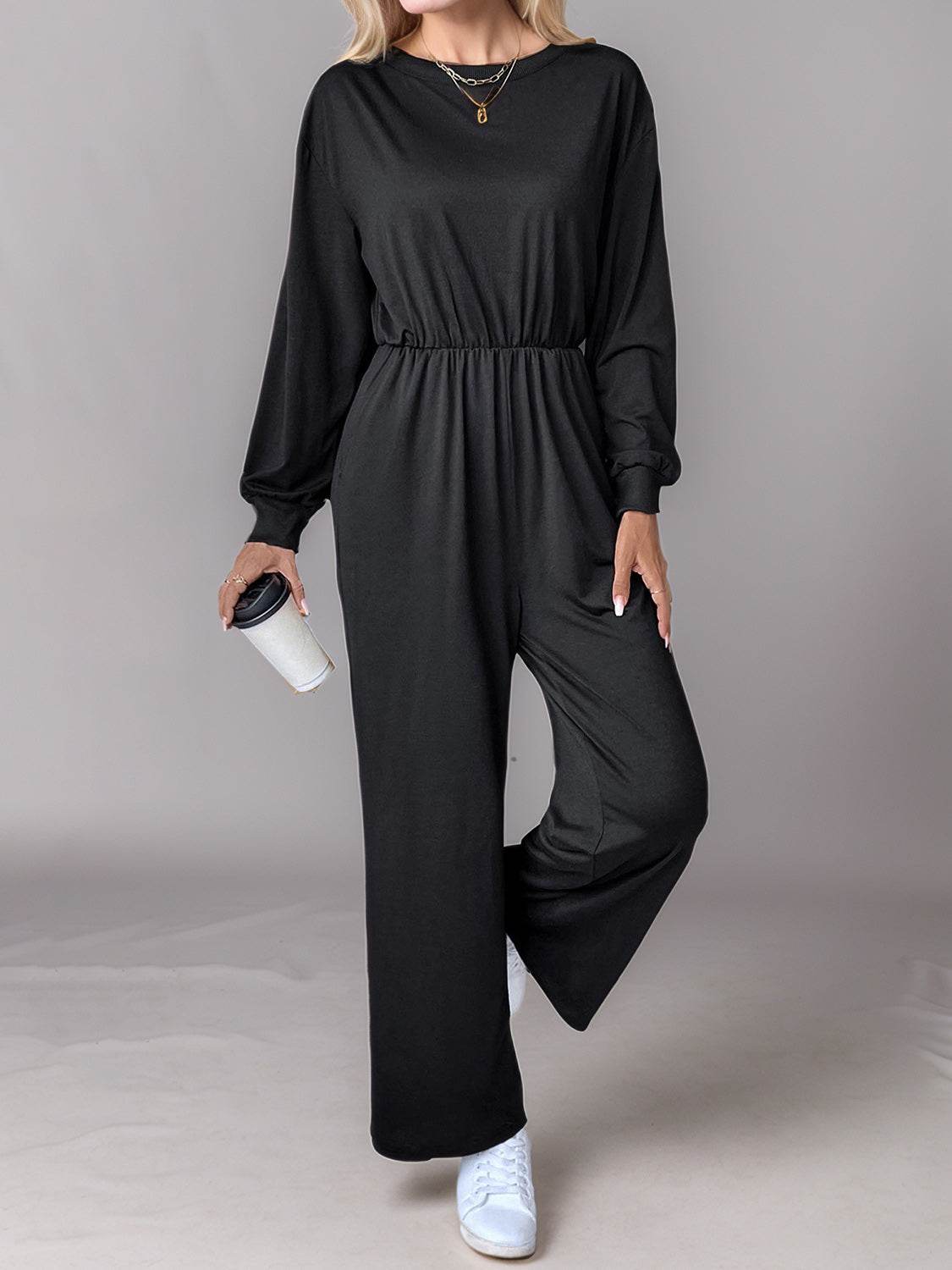 Tied Round Neck Wide Leg Jumpsuit - Delanoir