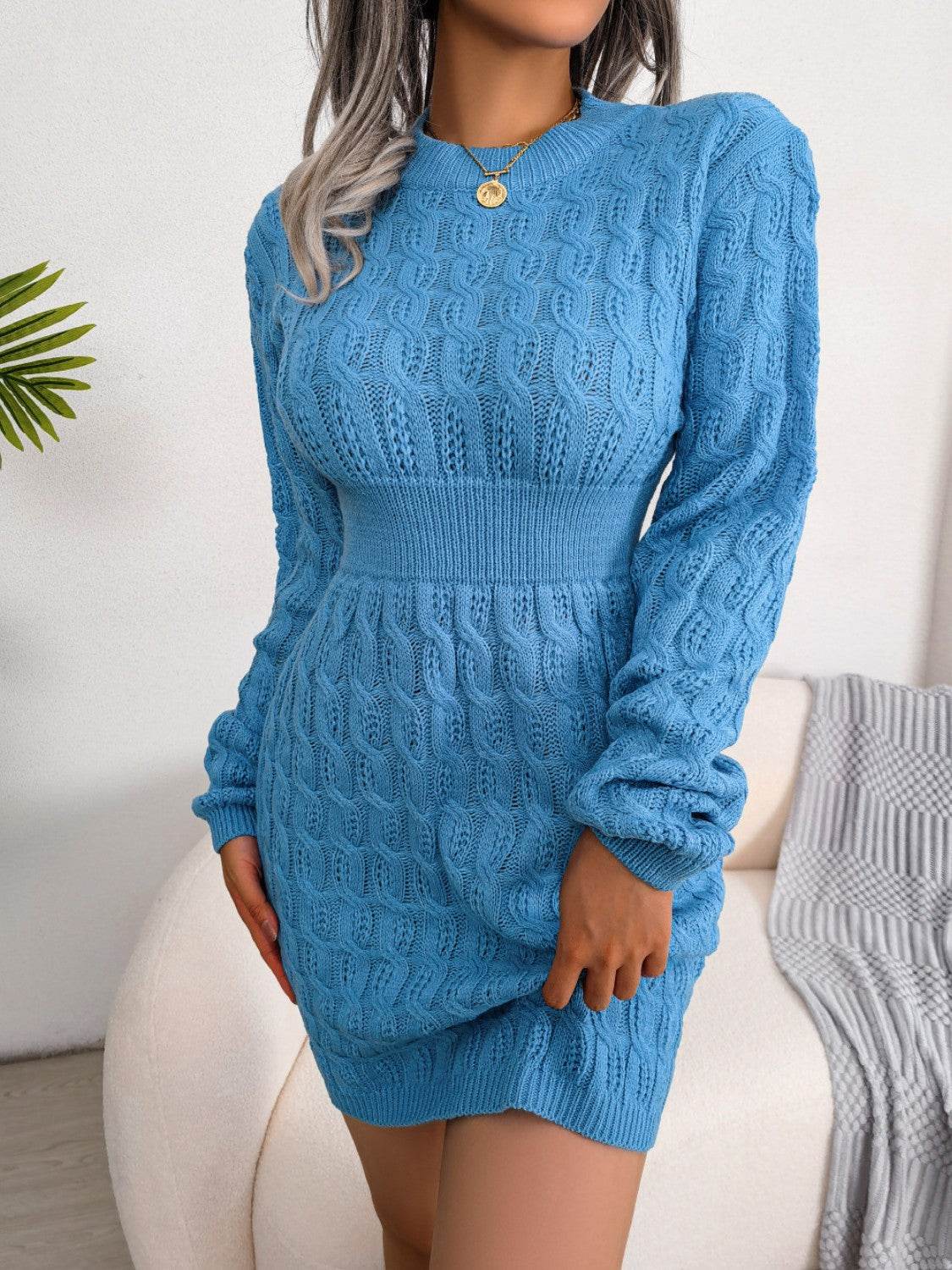 Cable-Knit Round Neck Mini Wrap Sweater Dress - Delanoir