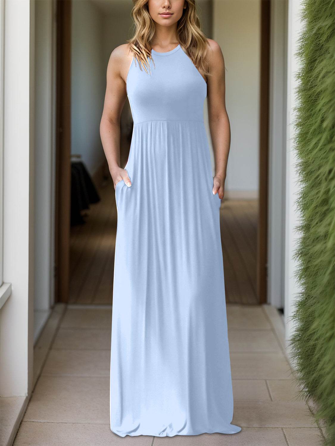 Full Size Grecian Neck Dress with Pockets - Delanoir