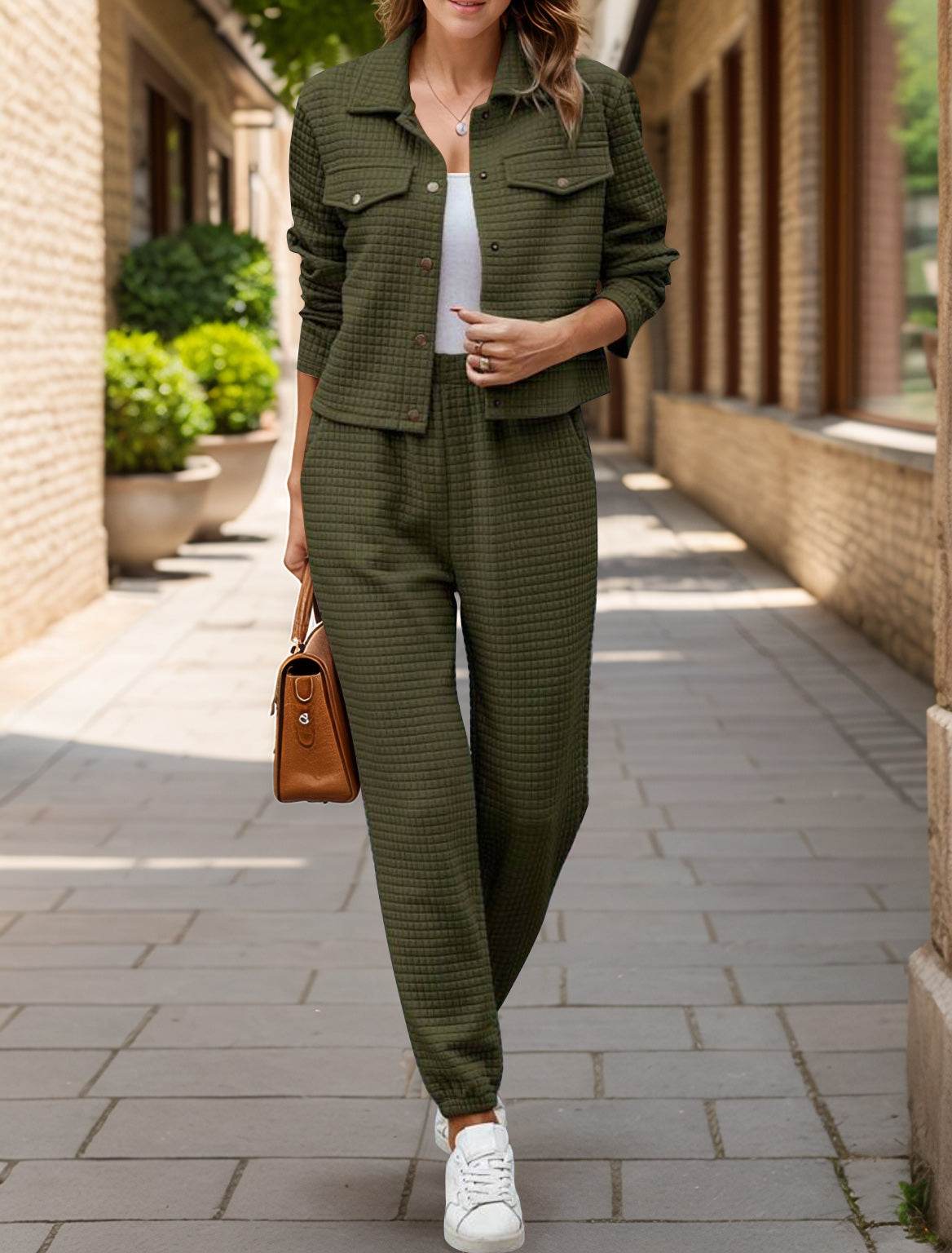 Plaid Texture Snap Down Top and Pants Set - Delanoir