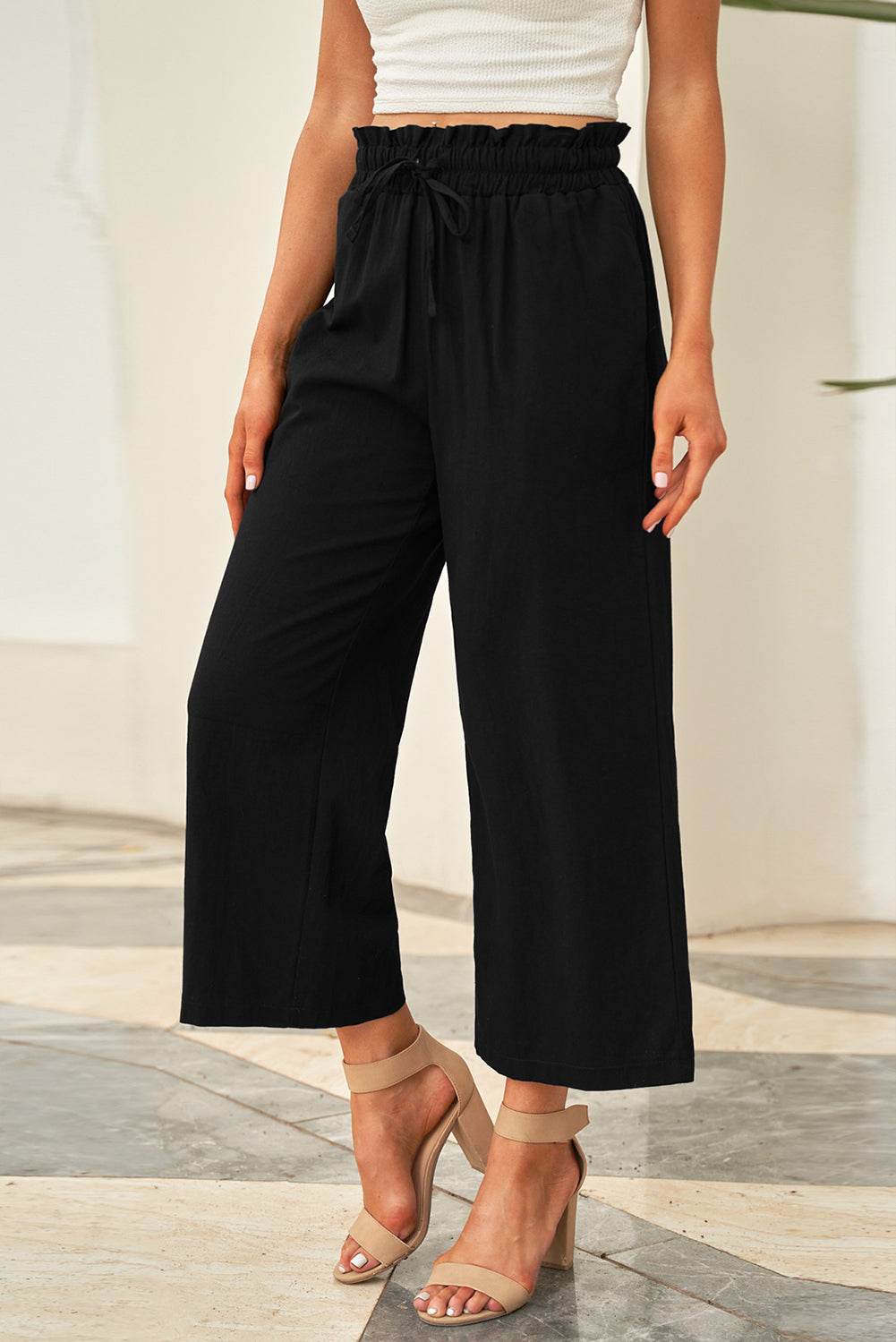 Drawstring Paperbag Waist Wide Leg Pants - Delanoir