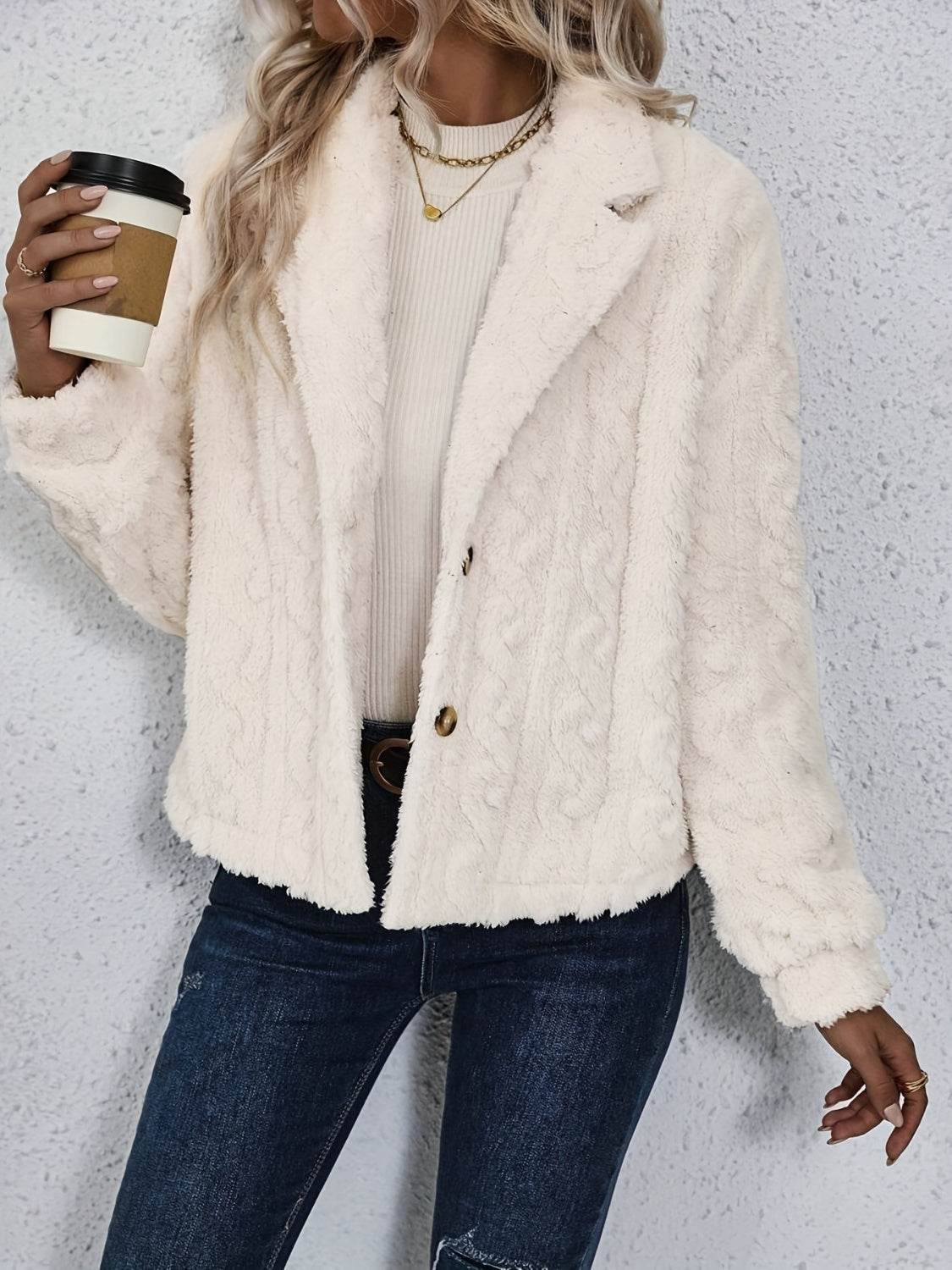 Fuzzy Button Up Collared Neck Jacket - Delanoir