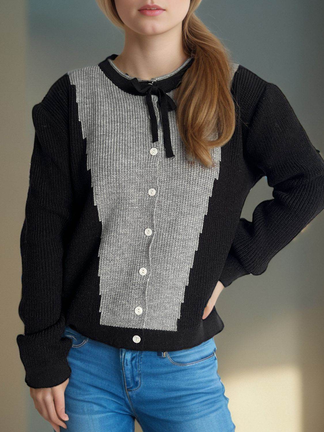 Contrast Button Down Long Sleeve Cardigan - Delanoir