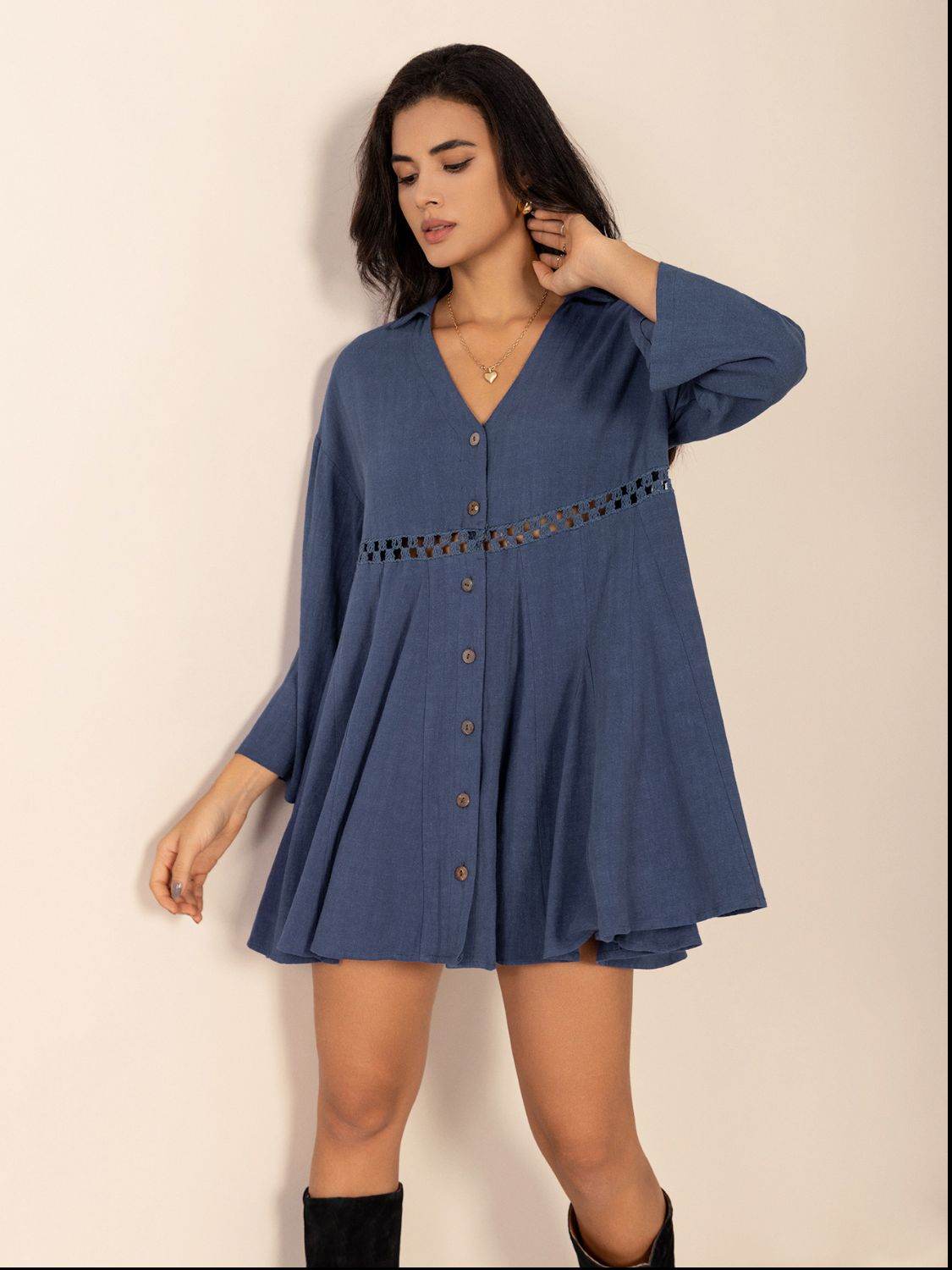 Cutout Johnny Collar Long Sleeve Mini Dress - Delanoir