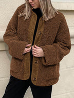 Contrast Button Up Sherpa Jacket with Pockets - Delanoir
