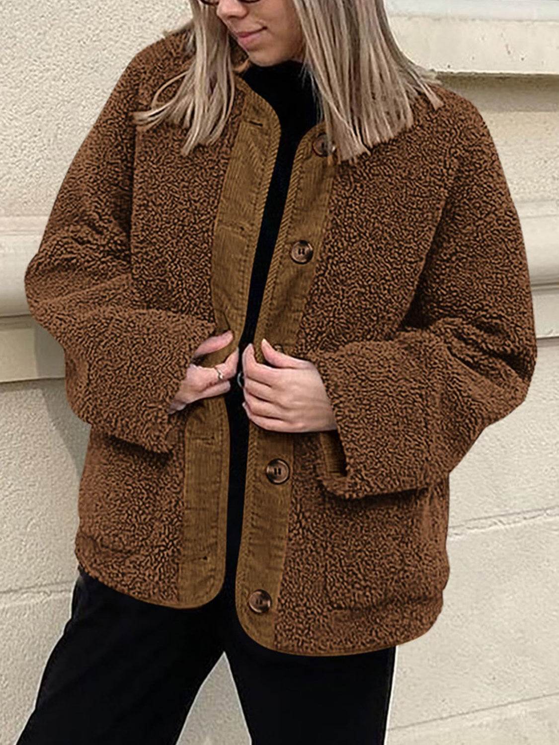 Contrast Button Up Sherpa Jacket with Pockets - Delanoir