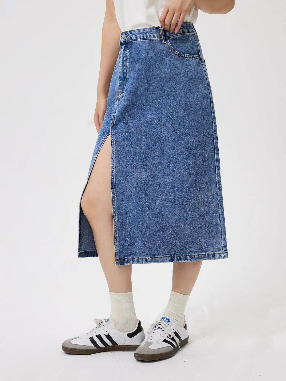 Slit Midi Denim Skirt with Pockets - Delanoir