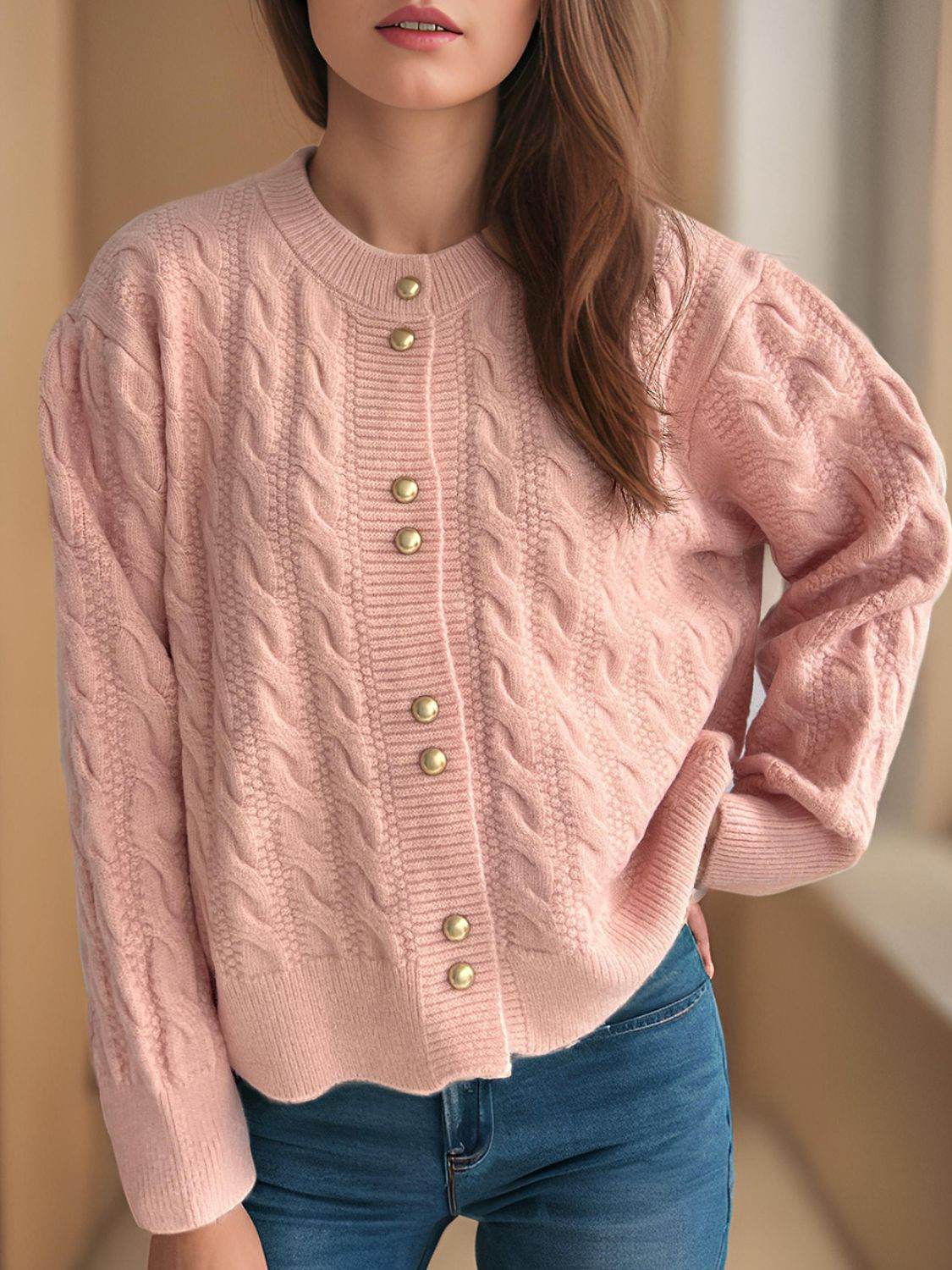 Cable-Knit Round Neck Long Sleeve Cardigan - Delanoir