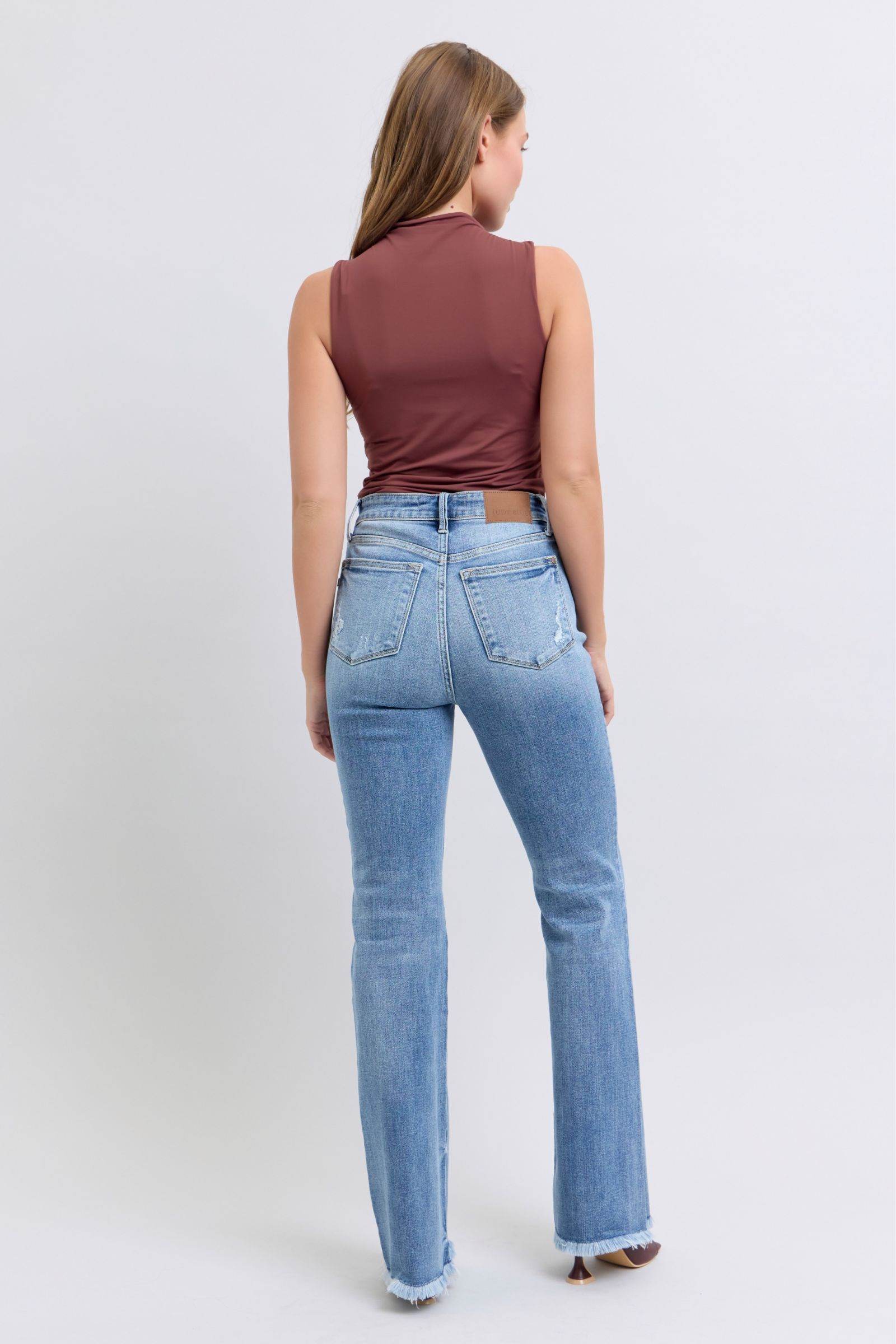 Judy Blue Full Size Raw Hem High Rise Bootcut Jeans - Delanoir