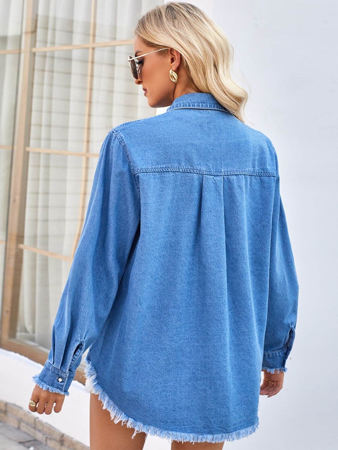 Raw Hem Button Up Long Sleeve Denim Jacket with Sequin Pockets - Delanoir