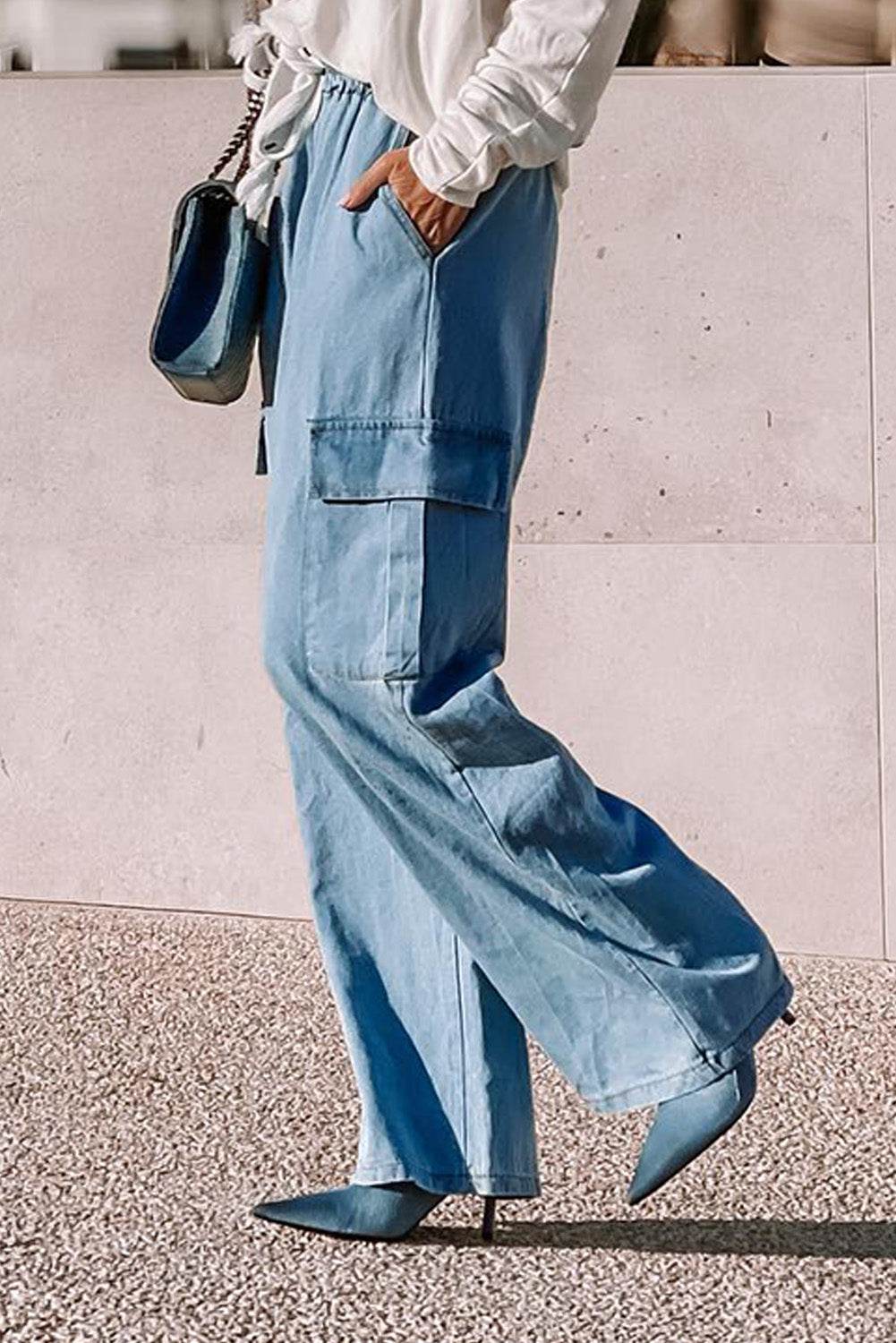 Drawstring Cargo Pocket Wide Leg Jeans - Delanoir