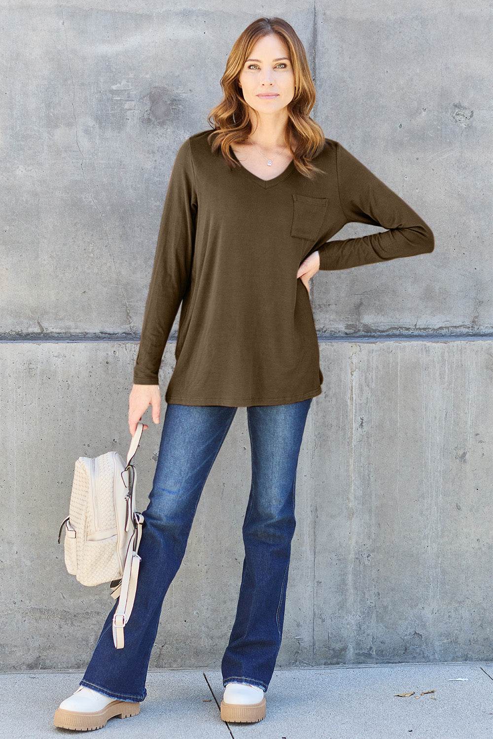 Basic Bae Full Size V-Neck Long Sleeve Top - Delanoir