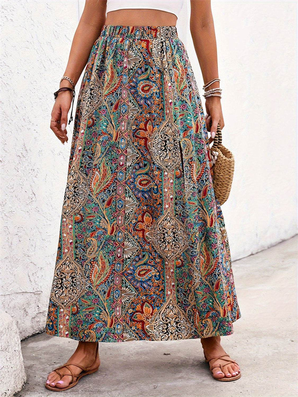 Slit Printed Elastic Waist Skirt - Delanoir