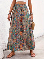 Slit Printed Elastic Waist Skirt - Delanoir