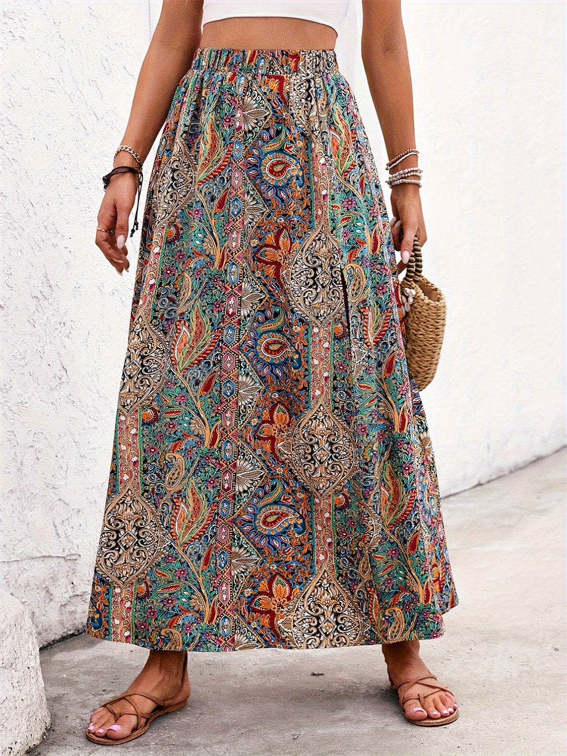 Slit Printed Elastic Waist Skirt - Delanoir
