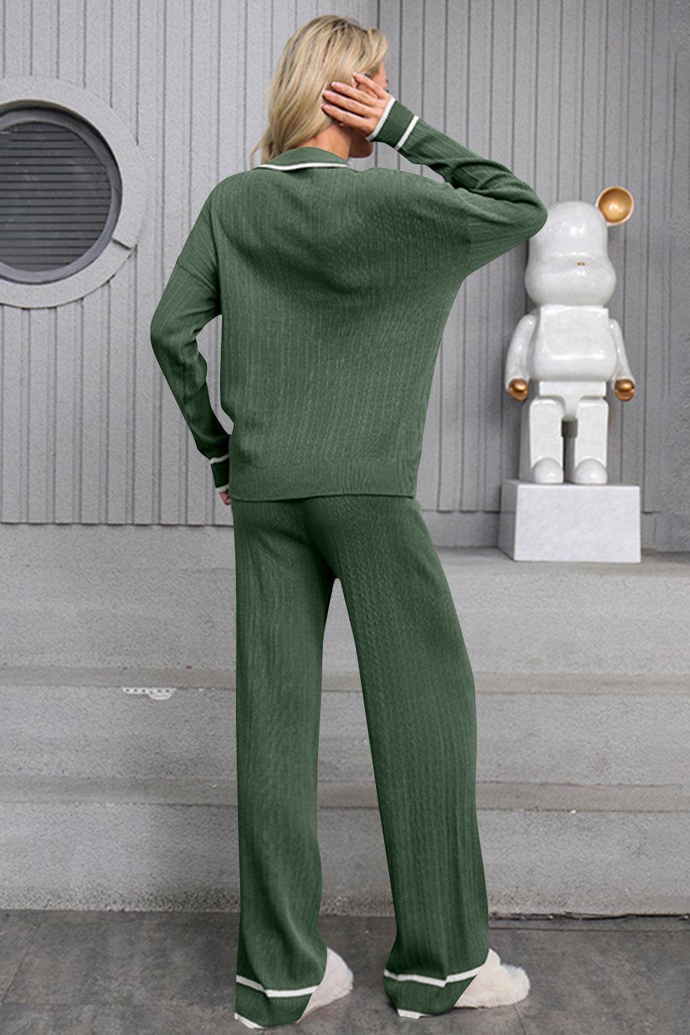 Contrast Trim Johnny Collar Top and Drawstring Pants Sweater Set - Delanoir
