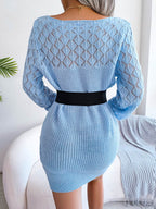 Openwork Boat Neck Sweater Dress - Delanoir
