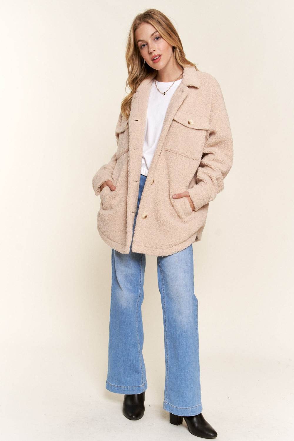 And The Why Teddy Sherpa Button Down Curved Hem Shacket - Delanoir