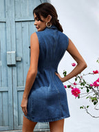 Pocketed Button Up Sleeveless Denim Dress - Delanoir