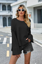 High-Low Slit Round Neck Long Sleeve Sweater - Delanoir