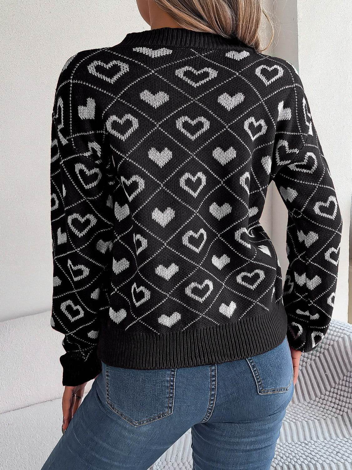 Heart Pattern V-Neck Long Sleeve Sweater - Delanoir