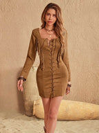 Fringe Lace Up Square Neck Long Sleeve Mini Dress - Delanoir