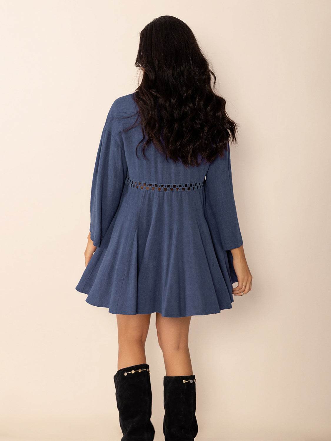 Cutout Johnny Collar Long Sleeve Mini Dress - Delanoir
