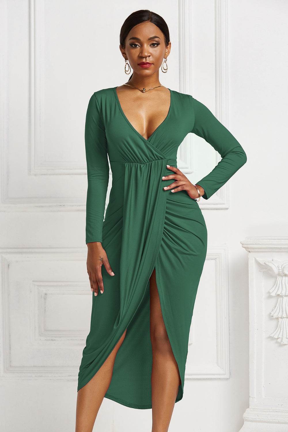 High-low Ruched Surplice Long Sleeve Dress - Delanoir