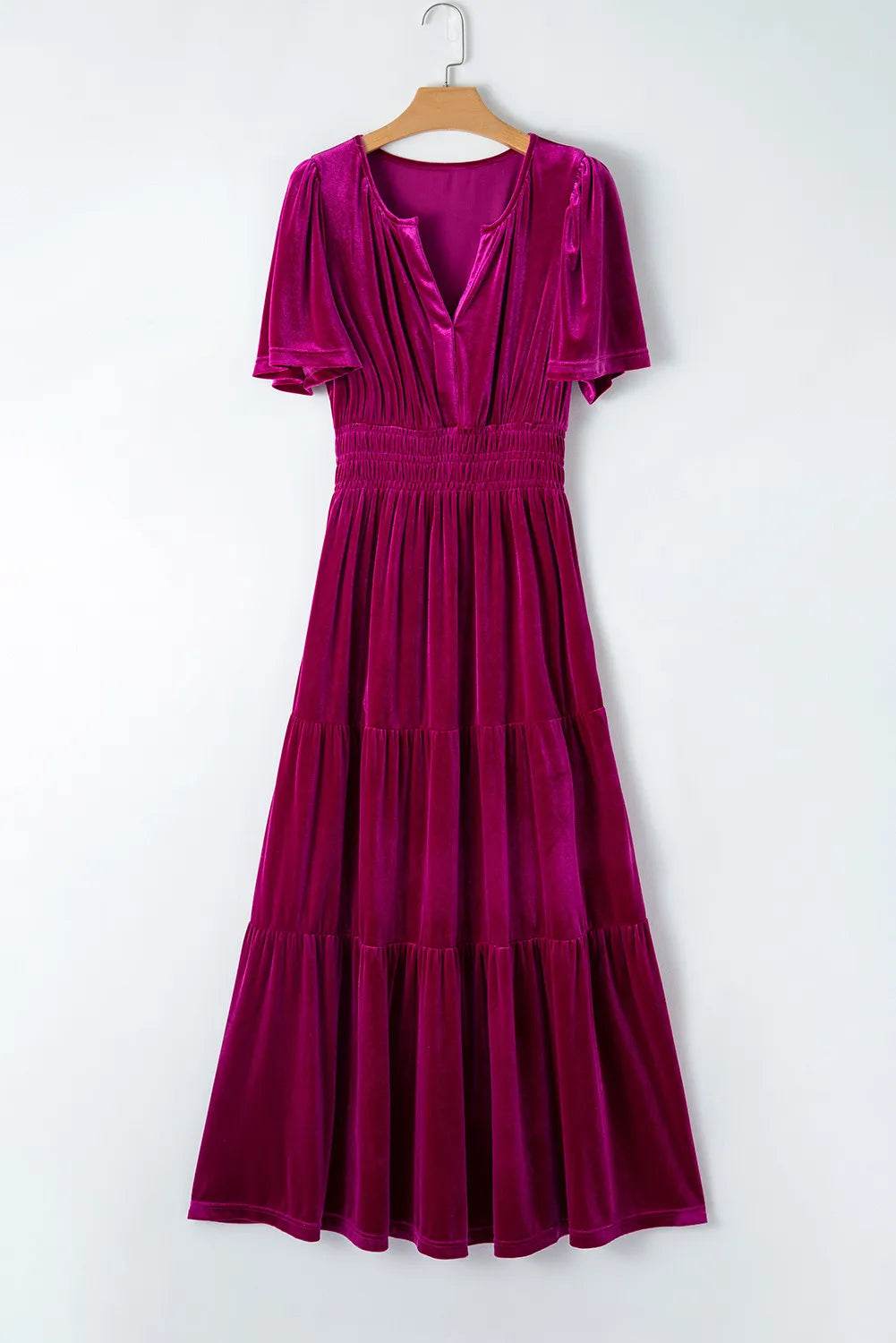 Tiered Notched Short Sleeve Dress with Pockets - Delanoir