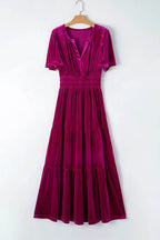 Tiered Notched Short Sleeve Dress with Pockets - Delanoir