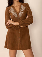 Notched Button Down Long Sleeve Mini Dress - Delanoir