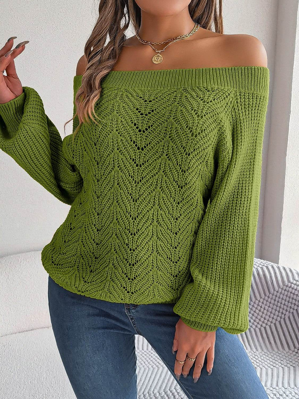 Openwork Off-Shoulder Long Sleeve Sweater - Delanoir