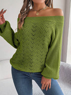 Openwork Off-Shoulder Long Sleeve Sweater - Delanoir