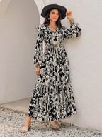 Smocked Printed Tie Neck Long Sleeve Dress - Delanoir