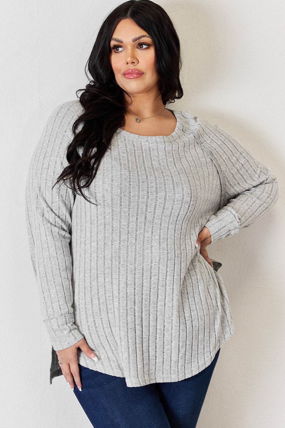 Basic Bae Full Size Ribbed Round Neck Slit T-Shirt - Delanoir