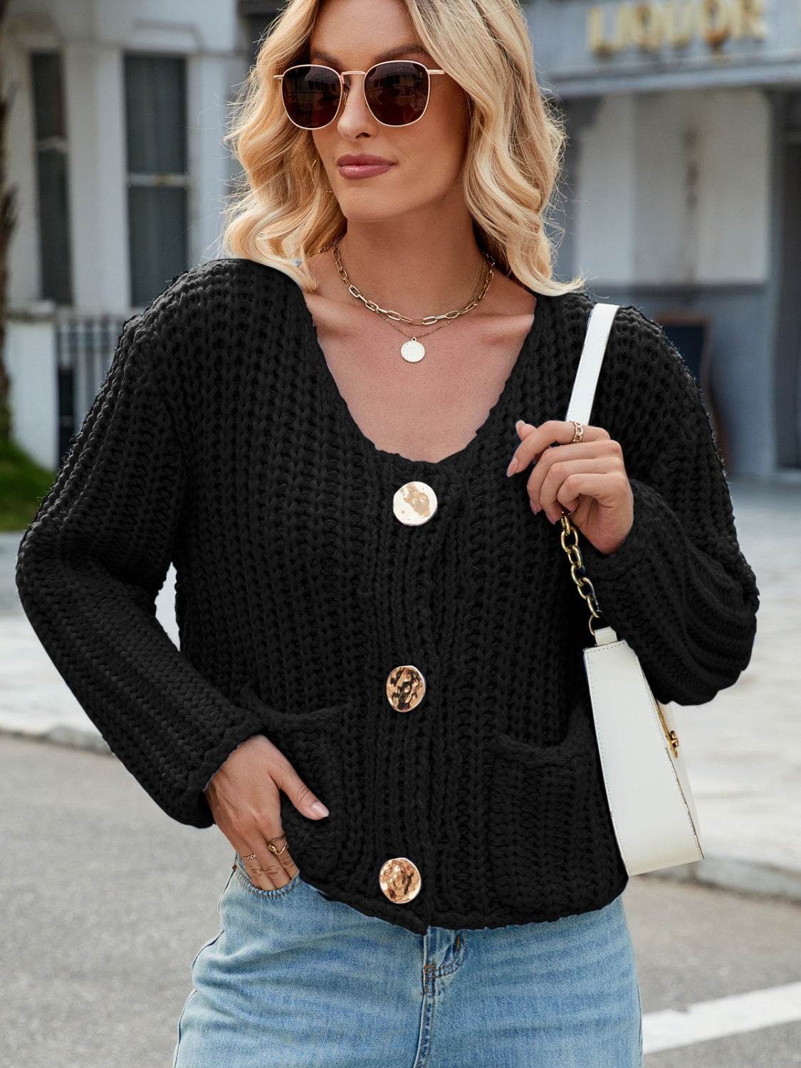 Round Neck Button Up Cardigan with Pockets - Delanoir