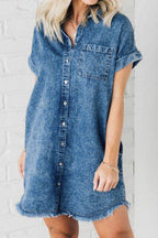 Raw Hem Pocketed Cap Sleeve Denim Dress - Delanoir