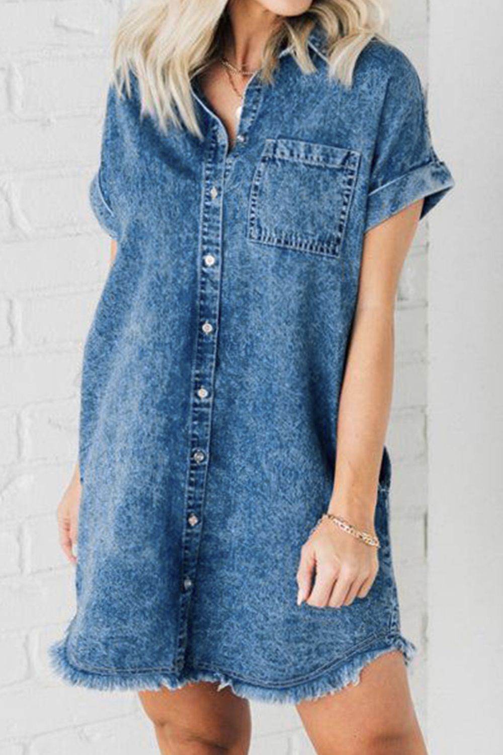 Raw Hem Pocketed Cap Sleeve Denim Dress - Delanoir
