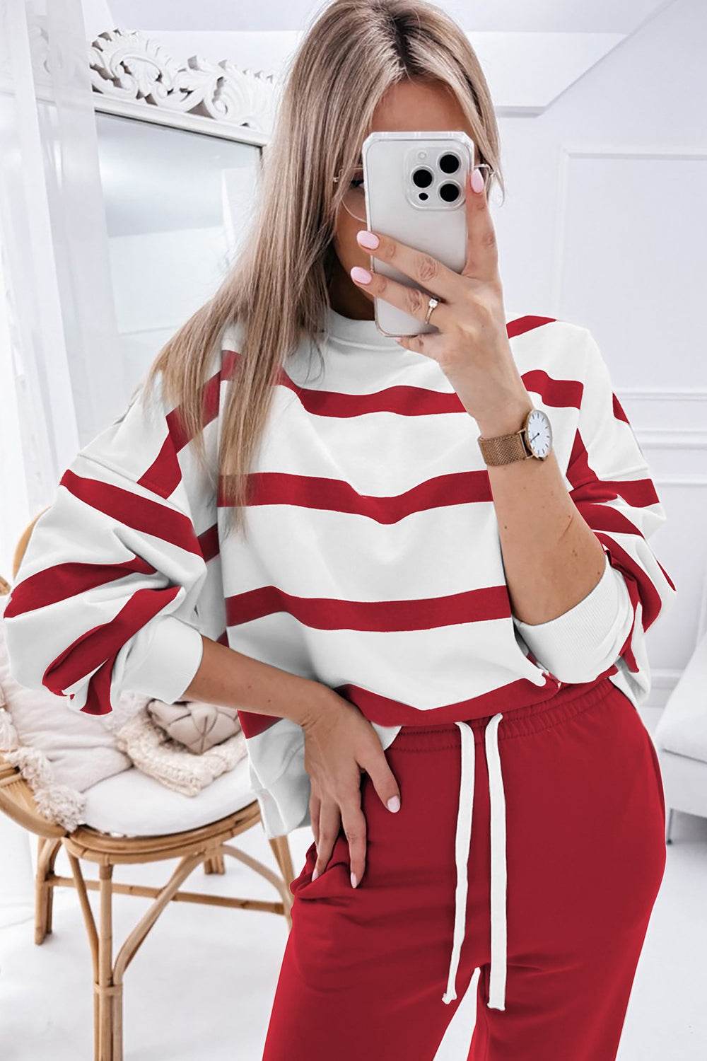 Striped Round Neck Long Sleeve Top and Pants Set - Delanoir