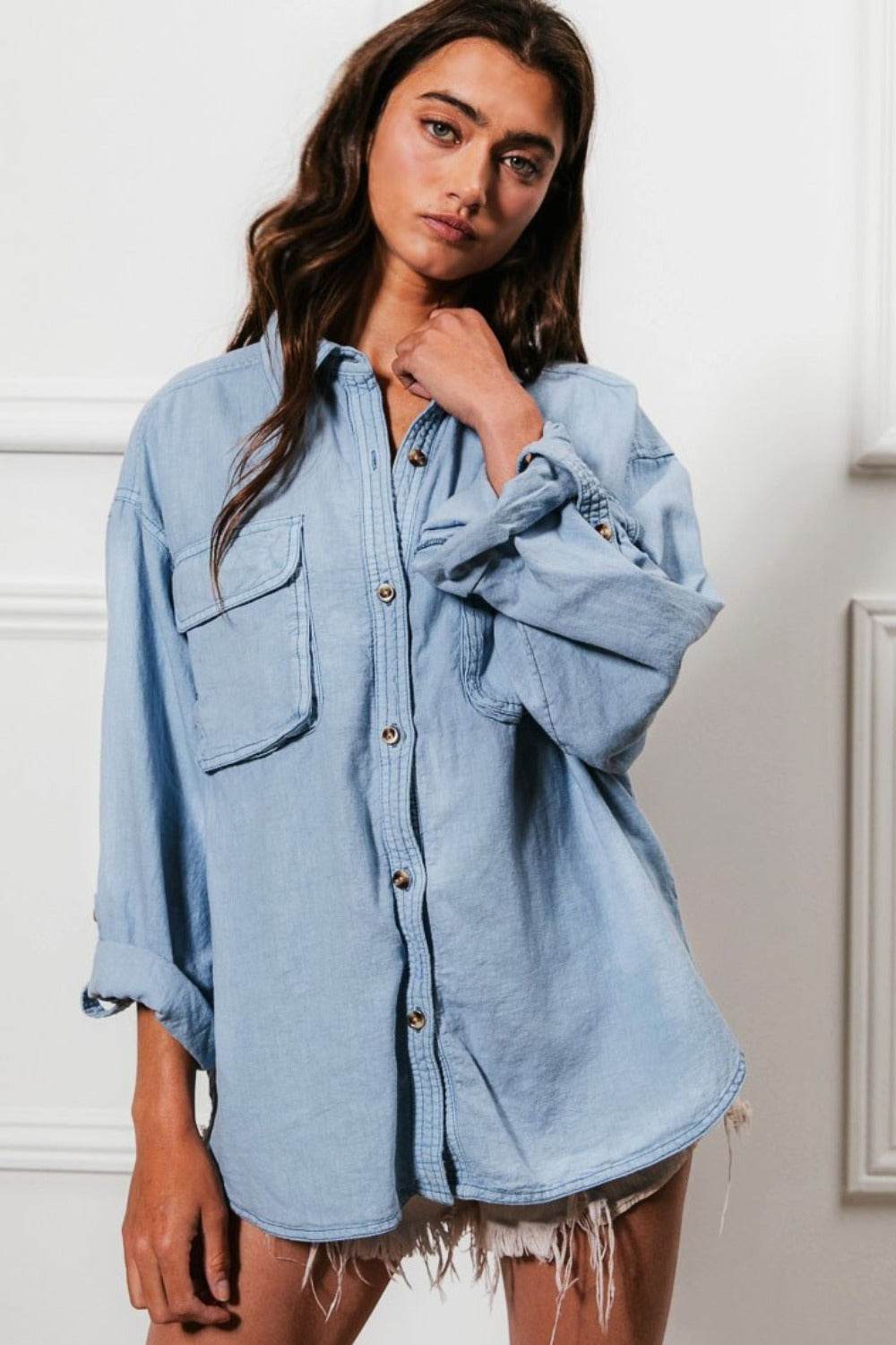 BiBi Button Down Stitch Detail Shirt with Chest Pockets - Delanoir