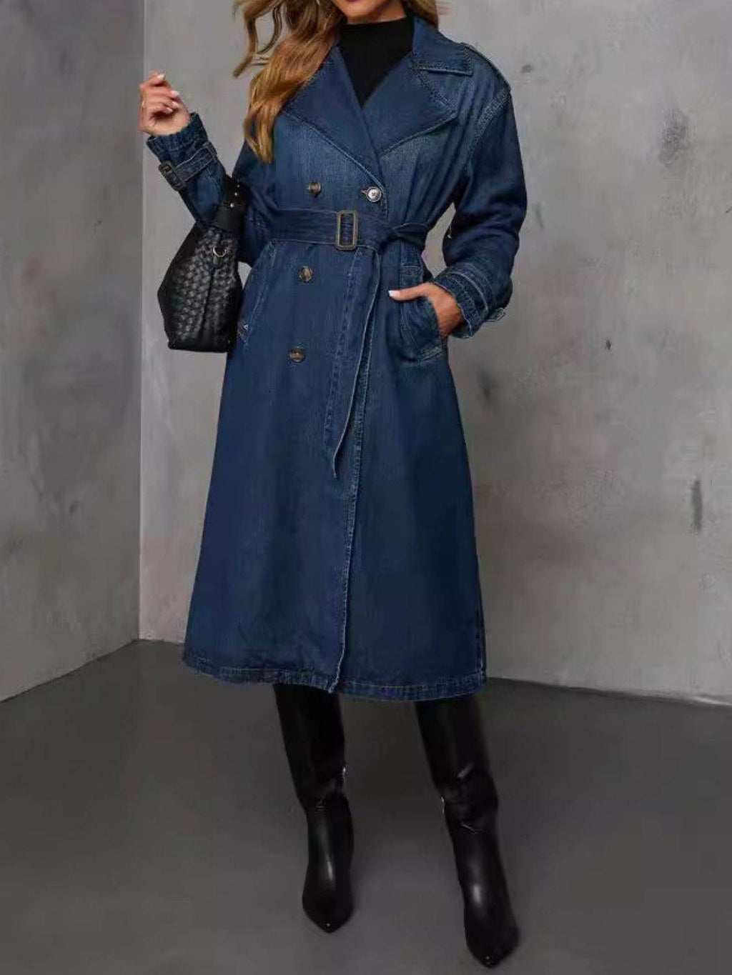 Button Up Long Sleeve Longline Denim Jacket - Delanoir