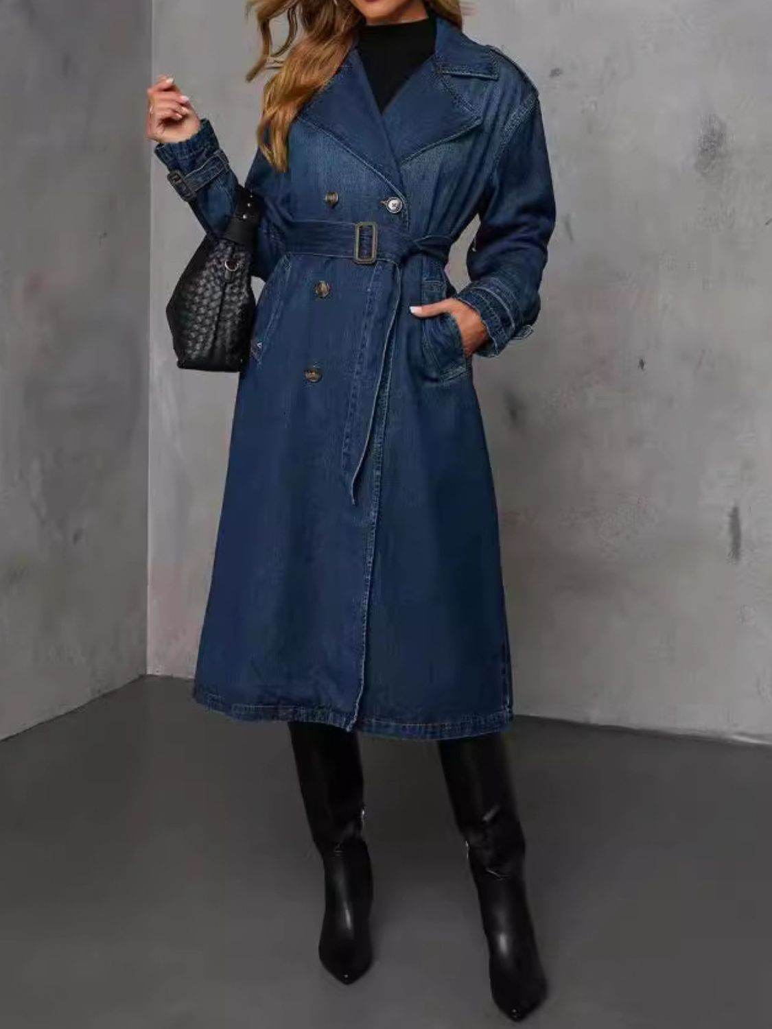 Button Up Long Sleeve Longline Denim Jacket - Delanoir