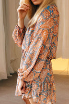 Ruffle Hem Printed Long Sleeve Dress - Delanoir